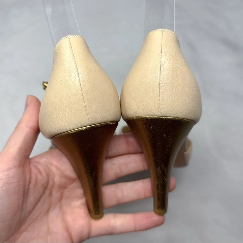 CHANEL CC Vintage 90s Y2K leather Cap Toe Mid Height Heels Pumps Gold Retro 38